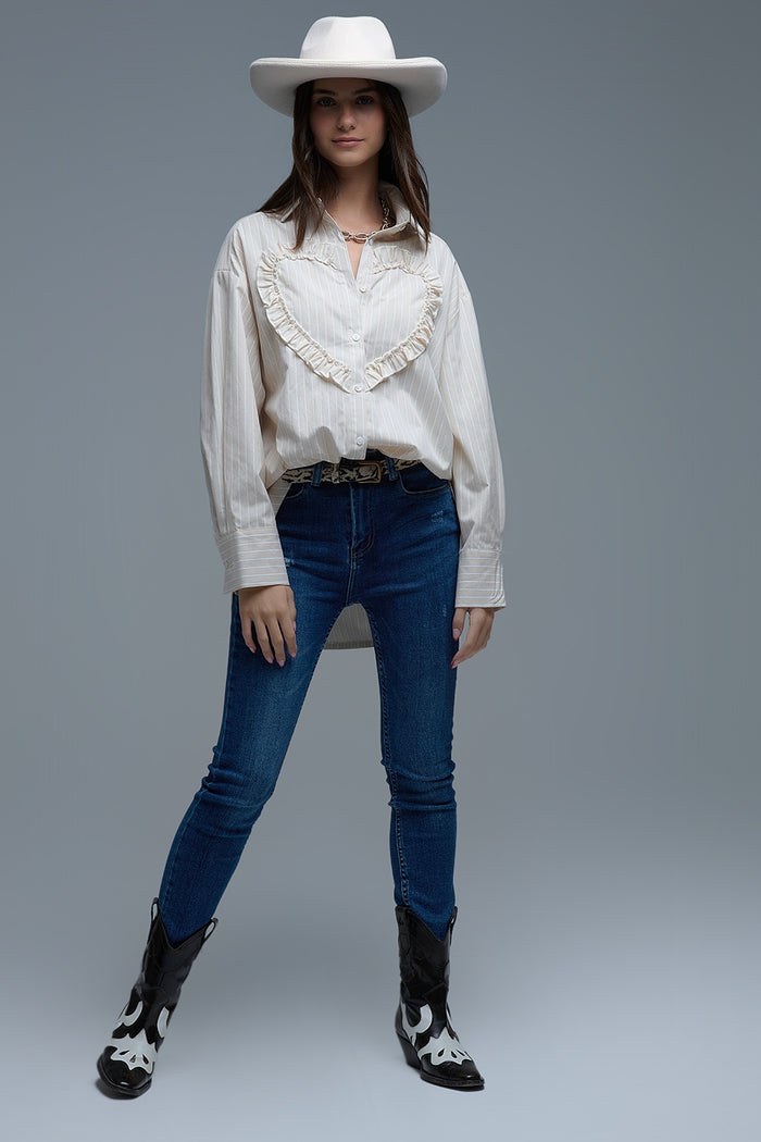 Beige Relaxed Striped Shirt With Heart Seam Detail - Shirts