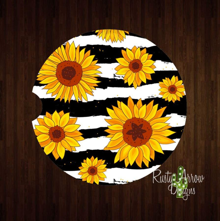 Black and White striped Sunflowers Set of 2 Car Coasters - Car Coasters