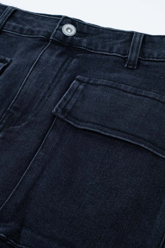 Black denim miniskirt with cargo pockets