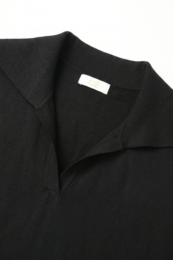 Black Fine Knit Polo Collar Rib Hem Regular Fit Top