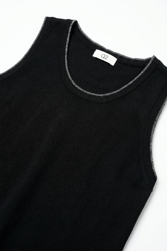 Black Ribbed Knit Contrast Seam Regular Fit Tank Top