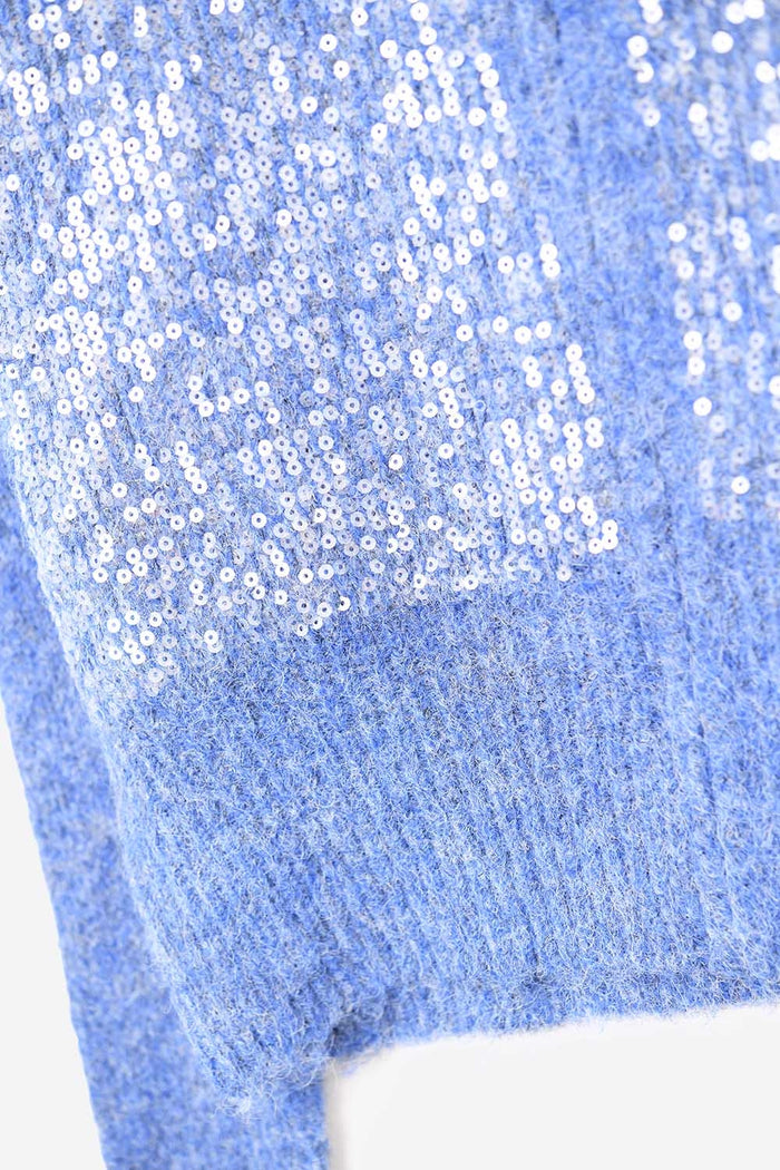 Blue fluffy knit cardigan with sequins and zipper closure