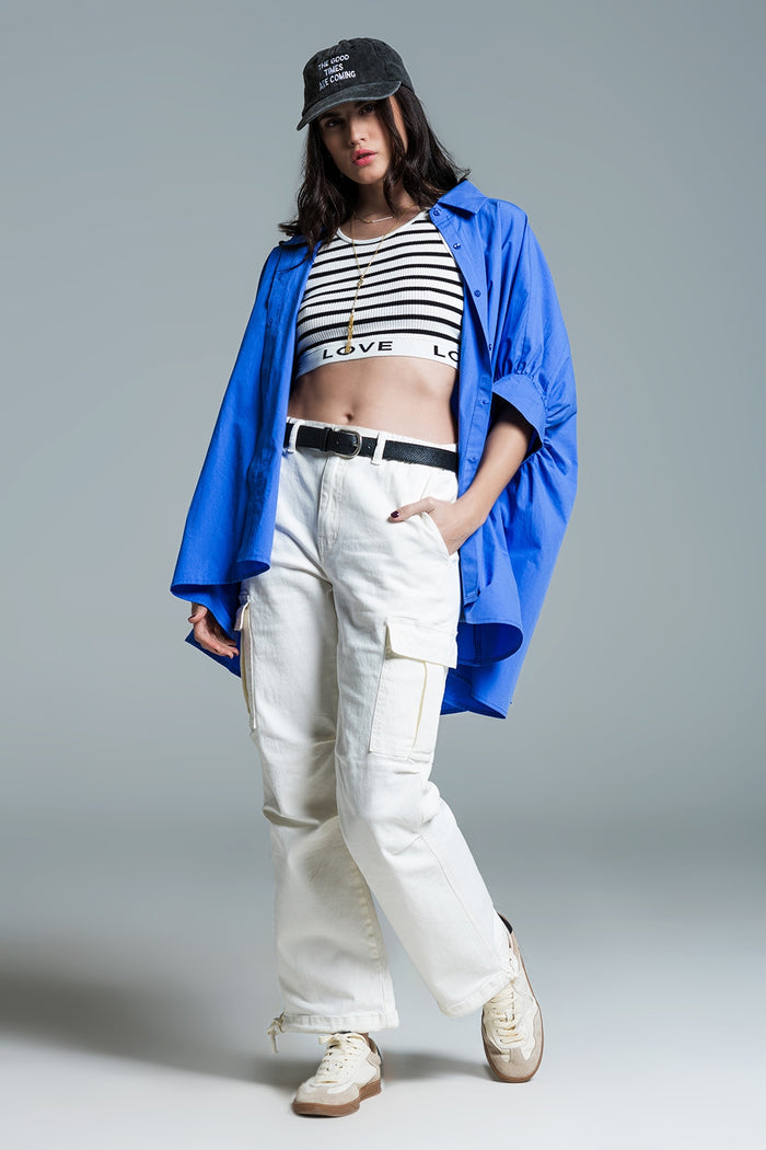 Blue oversized blouse with short sleeves