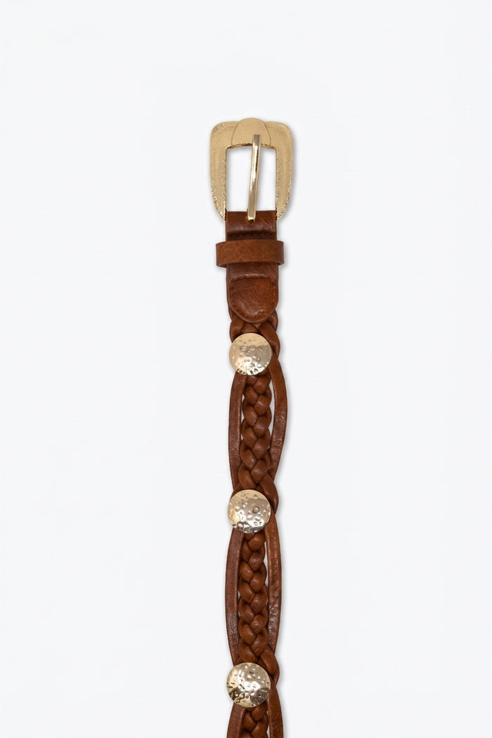 Brown Braided Faux Leather Gold Buckle Detail Waist Belt