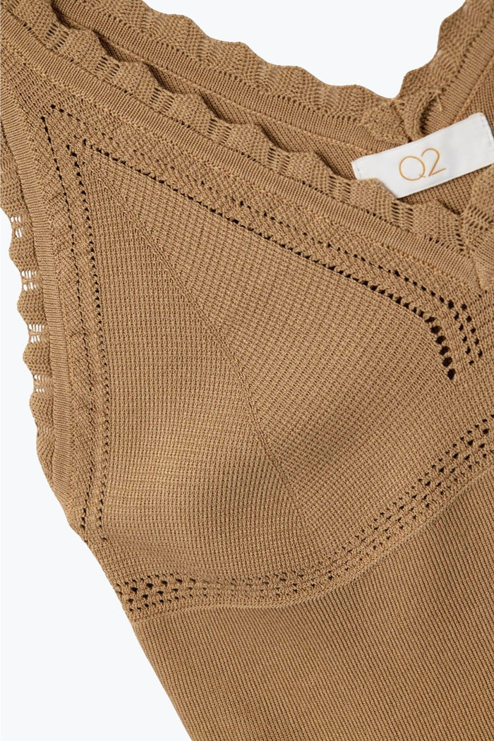 Camel Ribbed Knit Top with Scalloped V-Neck