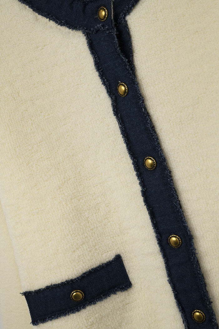 Chic Cream Cardigan with Navy denim Detailing