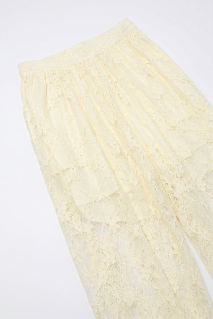 Cream Floral Lace Sheer Tie Hem Relaxed Fit Pants - trousers