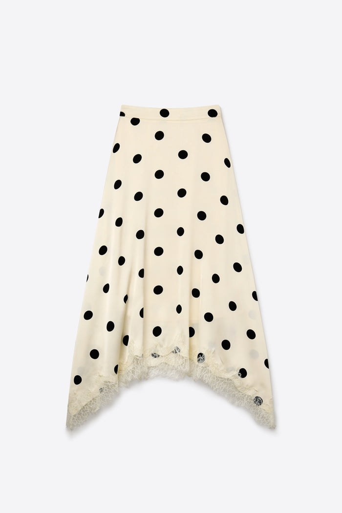 Cream Polka-Dot Print Satin Lace Trim Asymmetrical Midi Skirt