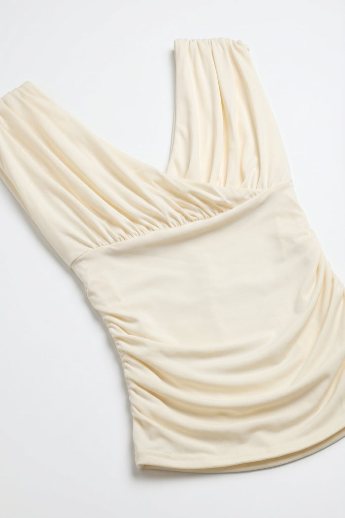 Cream Stretch fabric Sleeveless Top with Ruched Wrap Front