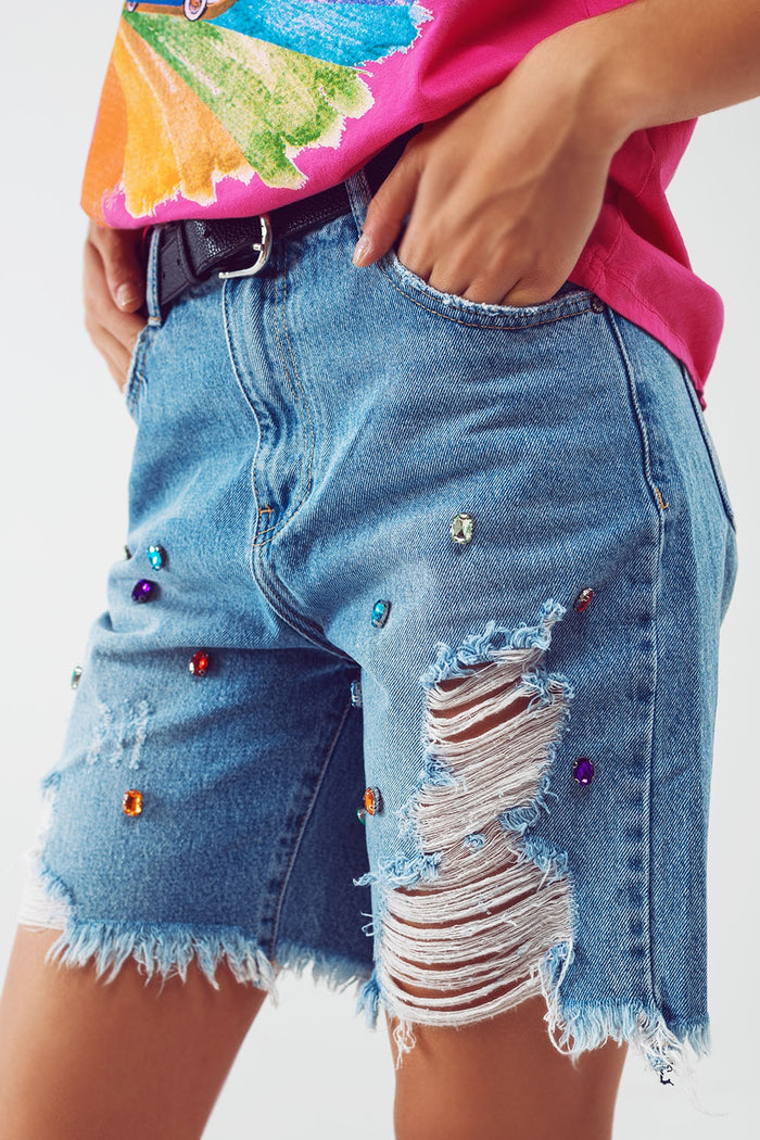 Distressed Embellished Bermuda Shorts in Light Wash - Denim