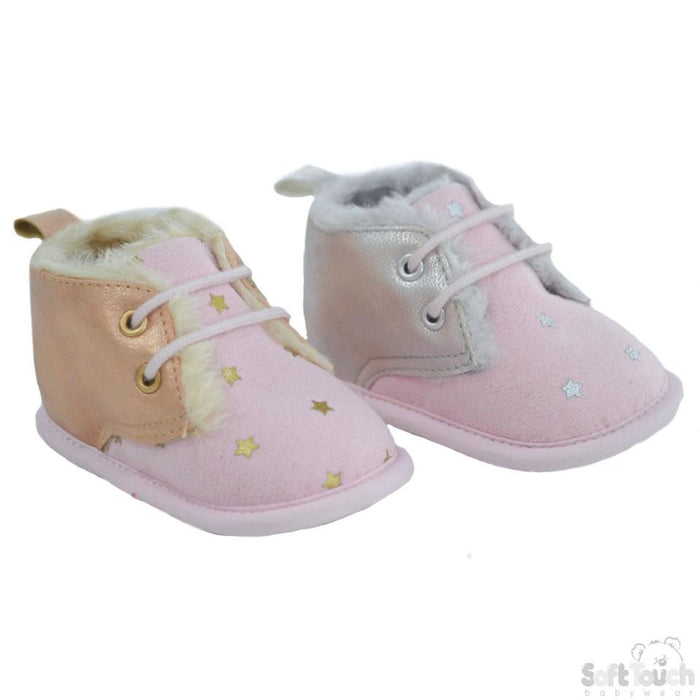 Girl's Pink Suede Trainers W/Star Print, Glitter PU & Fur Lining: B2224 NB-12 Months - Kidswholesale.co.uk