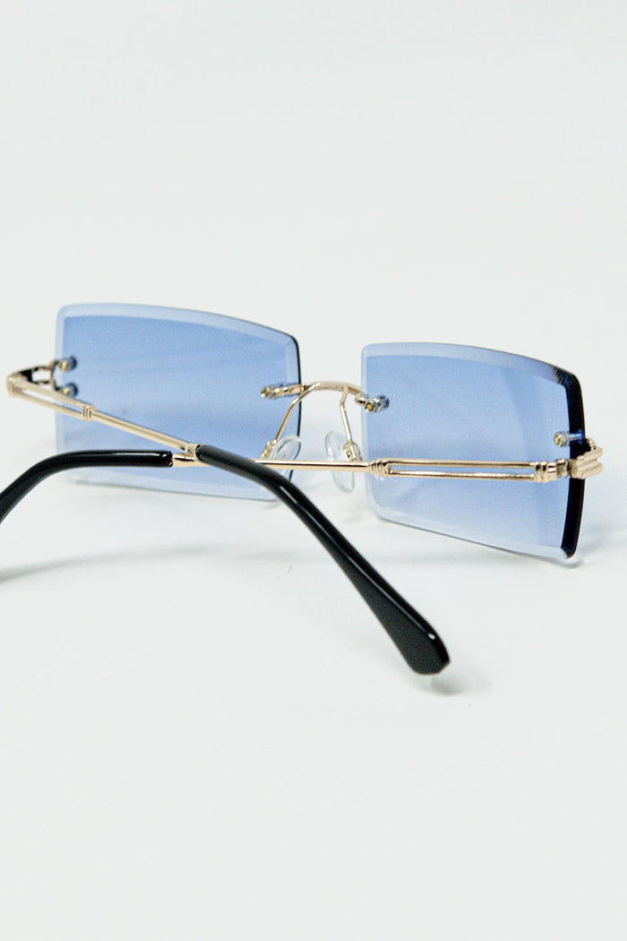 Gold Thin Rimless Square Sunglasses with Purple Lenses