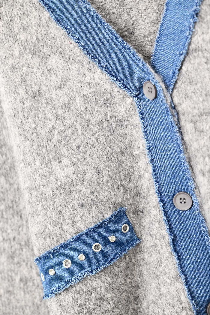 gray cardigan with denim fabric details