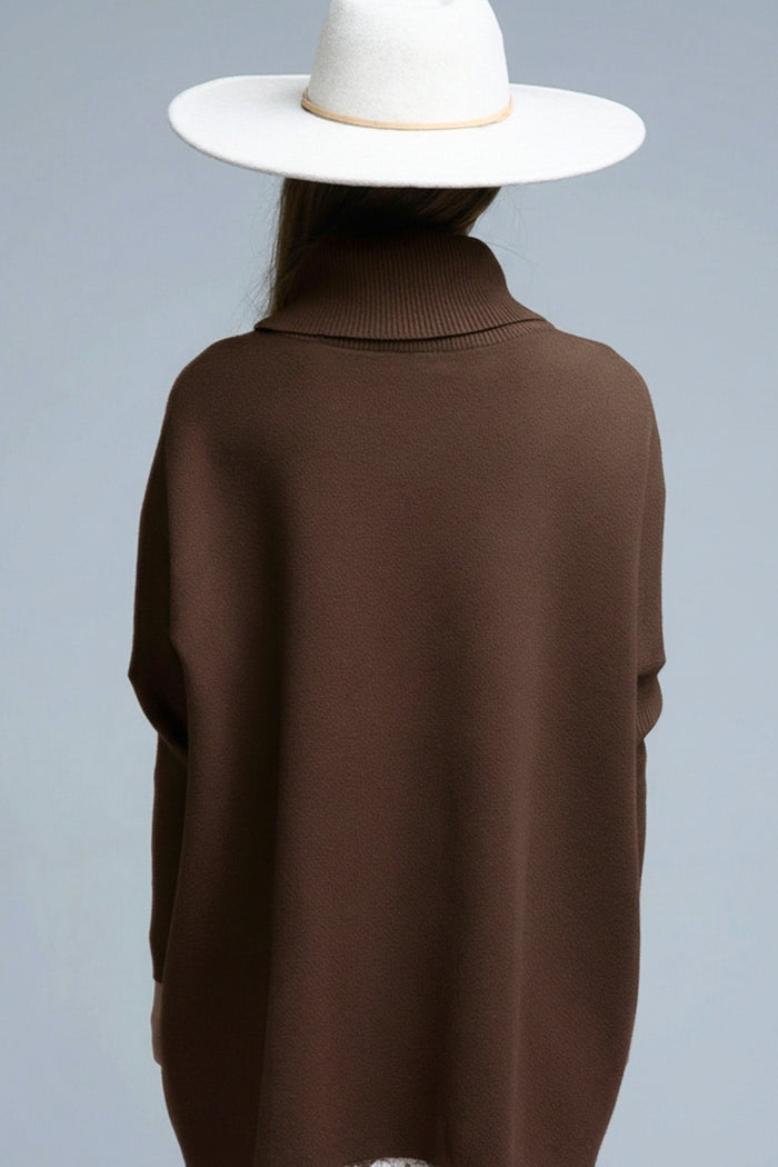 High Neck Tunic Sweater in brown with fitted sleeves