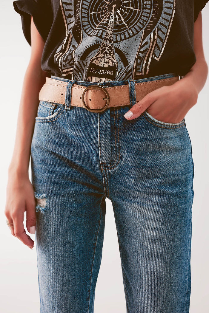 High waist jean with thigh slash in midblue - Denim