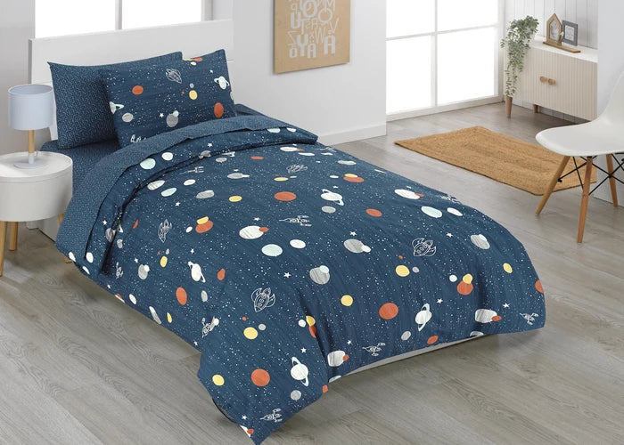 Navy polar-themed duvet cover set with space planet print and matching pillowcases
