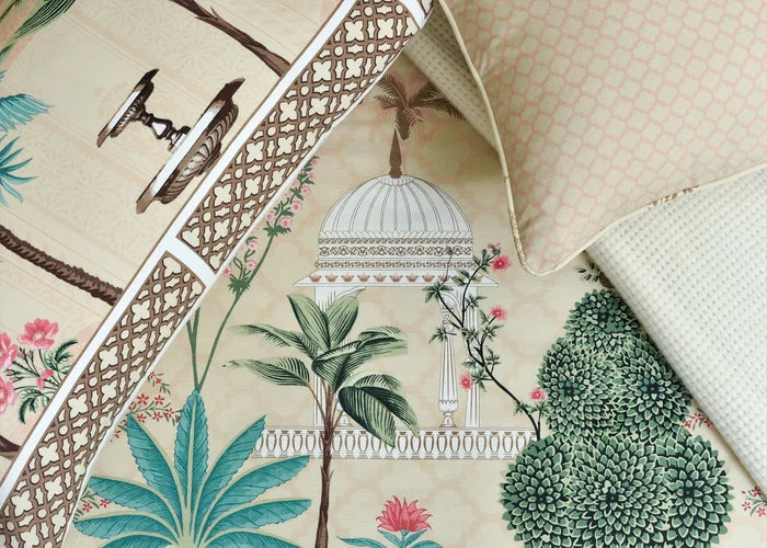 Cotton bed sheet close-up of tropical tree, flowers, and geometric border