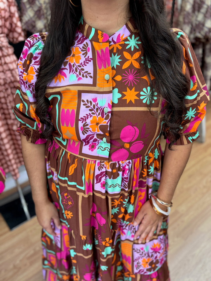 Kiki Tiered Brown Floral Frame Maxi Dress