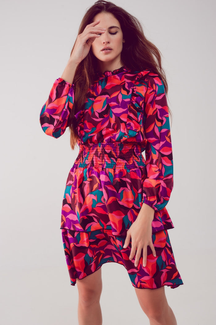 Layered frill mini dress in fucshia floral - dress