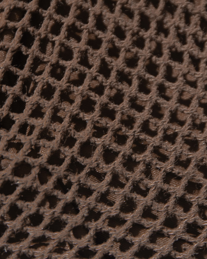 Close-up detail of the LSPACE espresso Levy Bikini Bottom fabric, showing the crochet open-weave mesh texture in a dark espresso brown color.