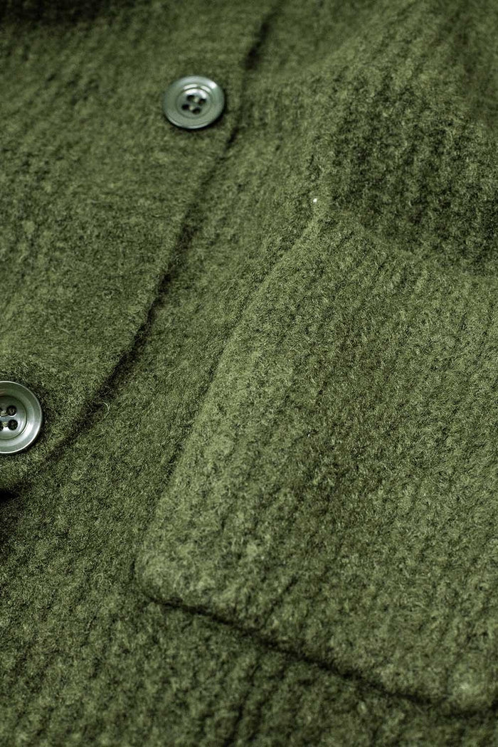 Long Ribbed Cardigan With Pockets and Hood in Khaki