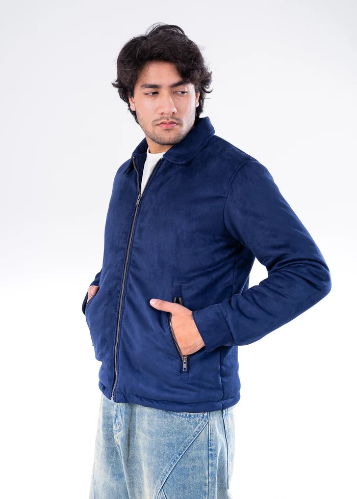 Men's navy suede winter jacket with zip front, stand collar, and two side pockets