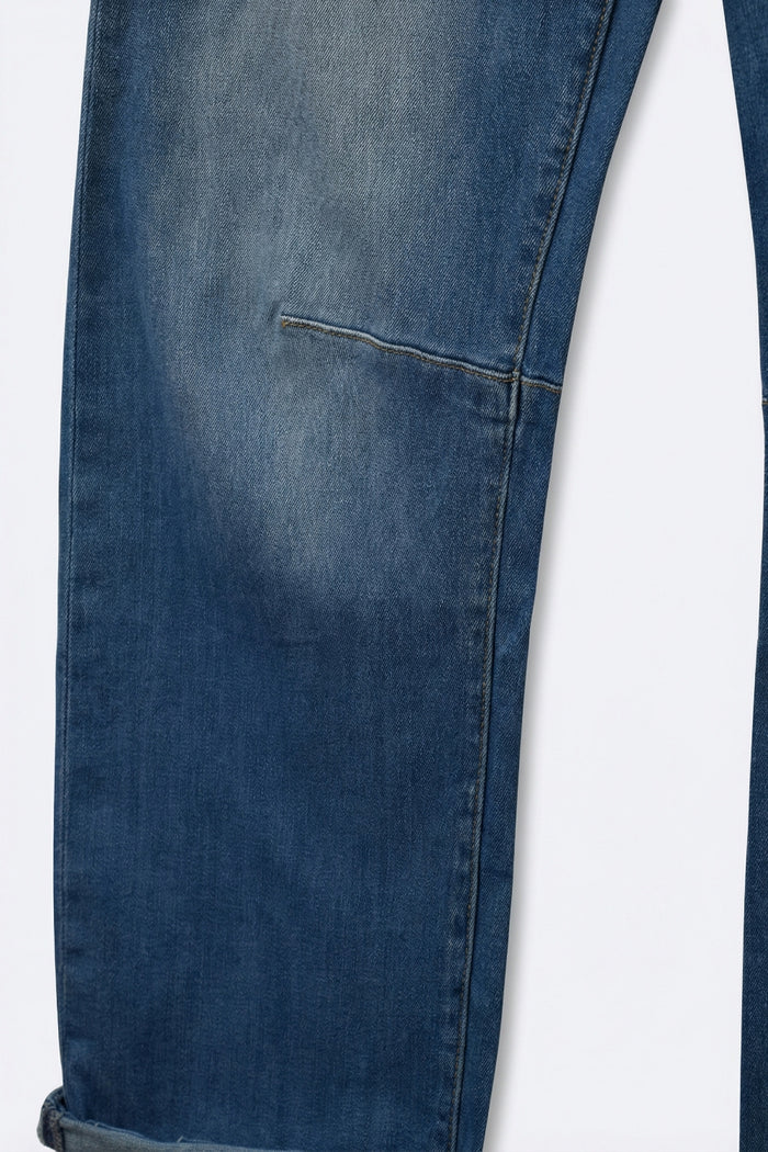 Mid-Wash Straight-Leg Denim Jeans with Rolled Cuffs - Denim