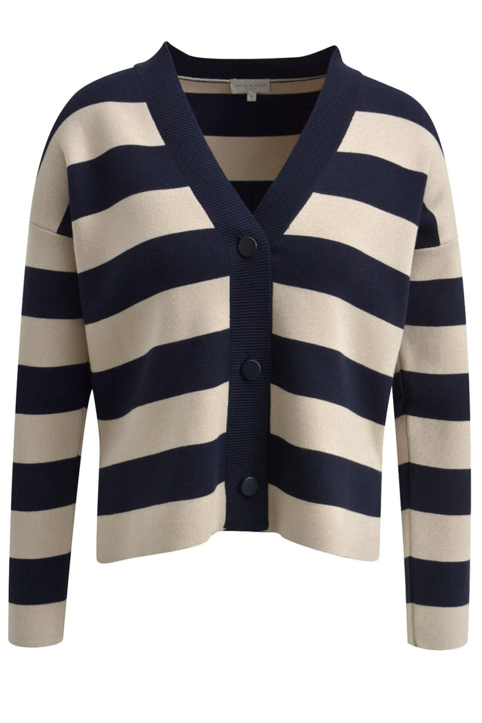 Milano 33-5048-9719 Navy Cream Stripe Button Front Cardigan - Dotique Chesterfield
