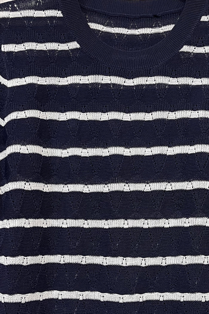 Navy Openwork knit sweater with Short Sleeves and white Stripes