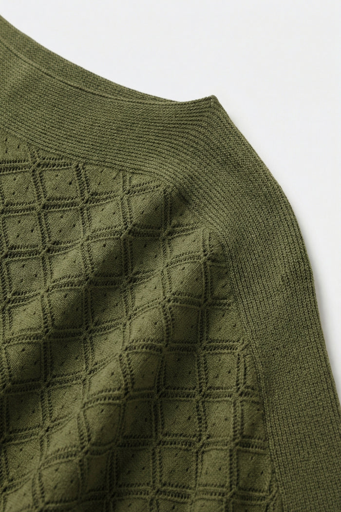 Olive Green Textured Knit Short Sleeve Sweater Top