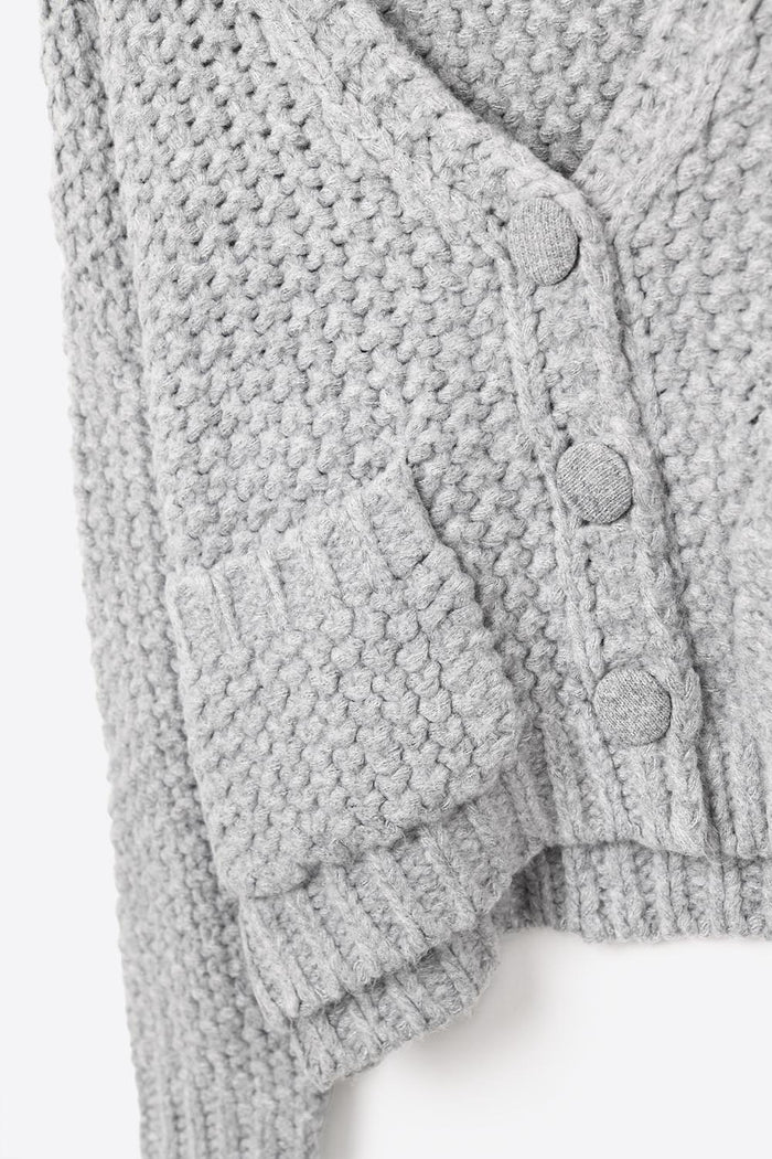 Oversized gray chunky knit jacket with pockets