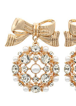 Pave Stone and Pearl Cluster Bow Earring - Clear