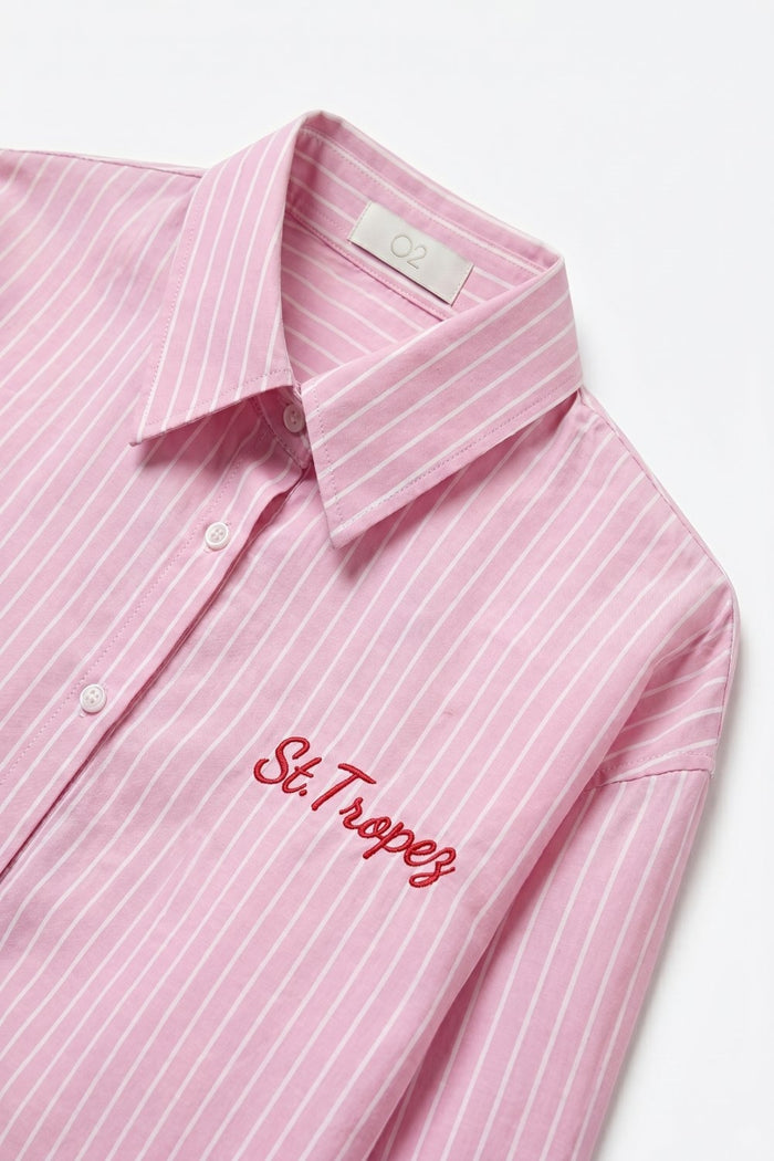 Pink Striped Button-Up Shirt with Embroidered Detail - Shirts
