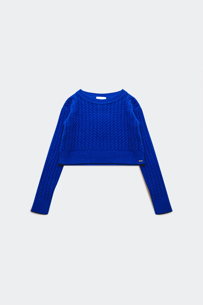 Round neck cable knit crop jumper in blue