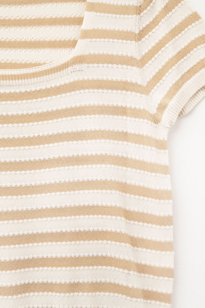 Square neck Stripped Sweater in beige and camel