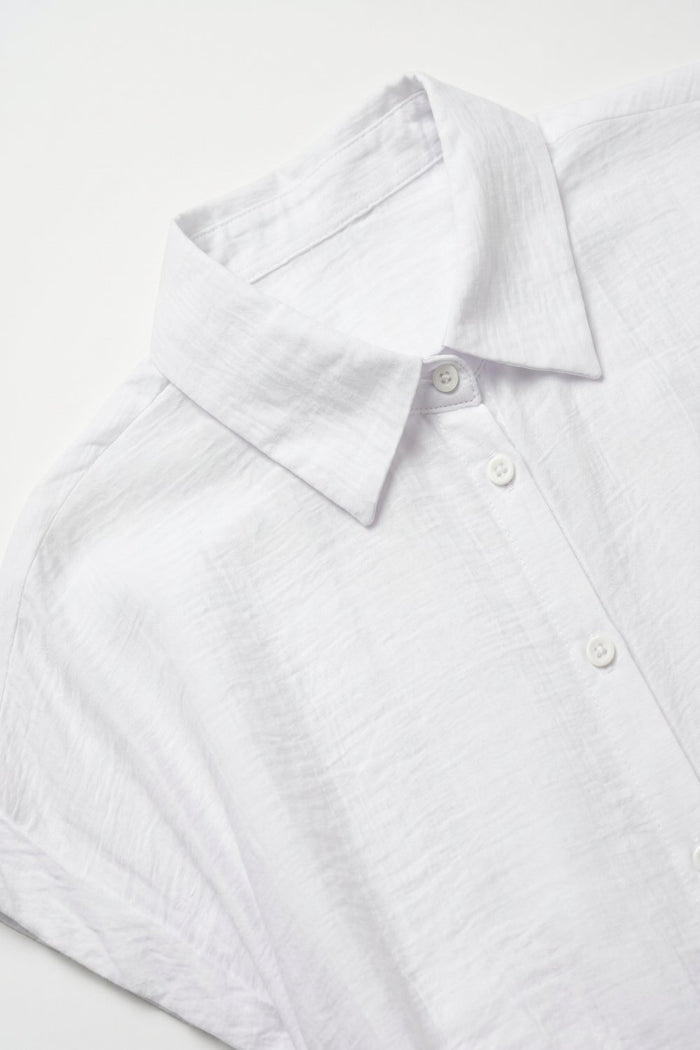 White Lightweight Woven Short Sleeve Shirt Top with Tie Front - Shirts