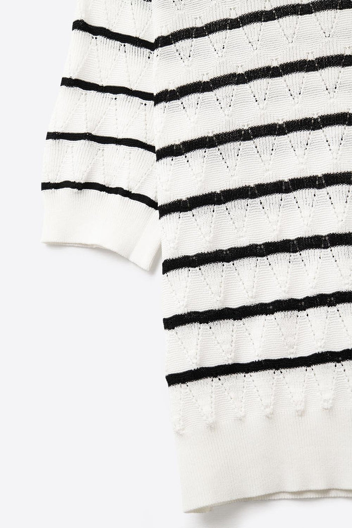 White Openwork Knit Top with Short Sleeves and Black Stripes