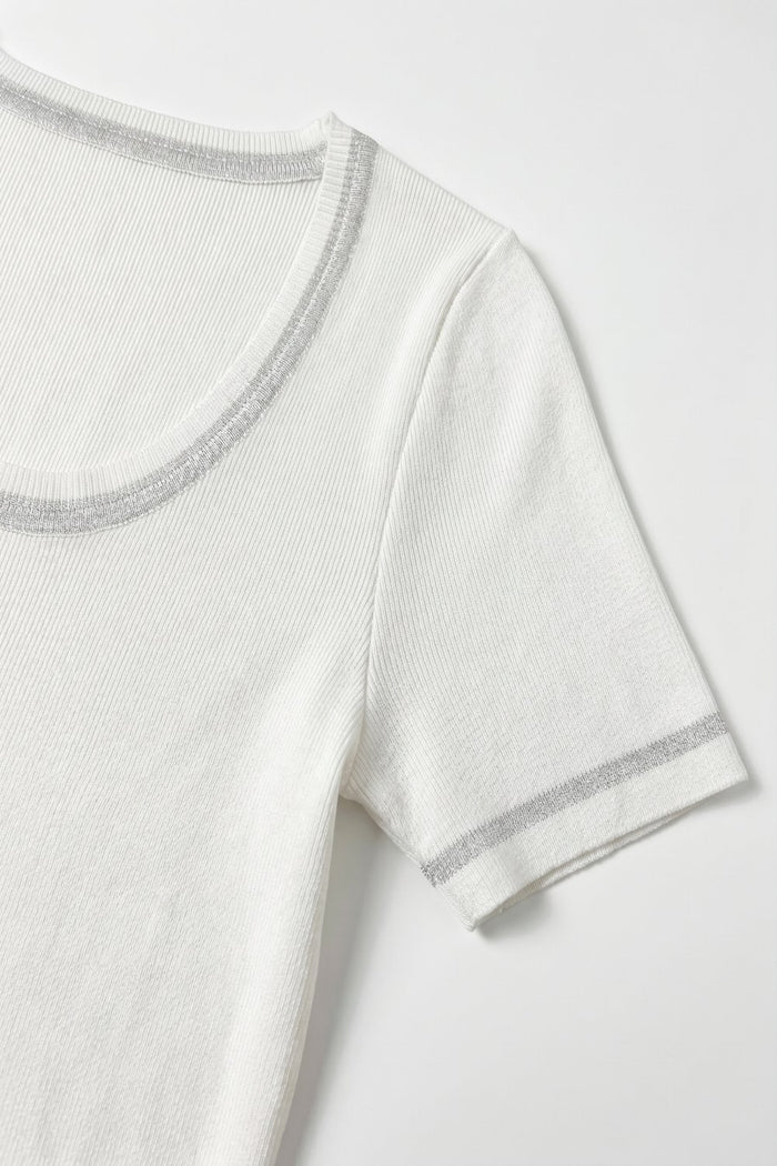 White Ribbed Knit Scoop Neck sweater with shiny lurex trim