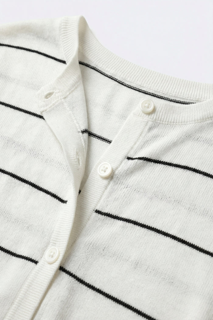 White Striped Knit Button-Front Short Sleeve Cardigan