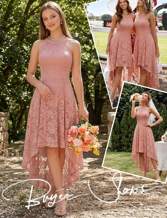 Women Halter Lace Hi Lo Wedding Guest Cocktail Formal Dress