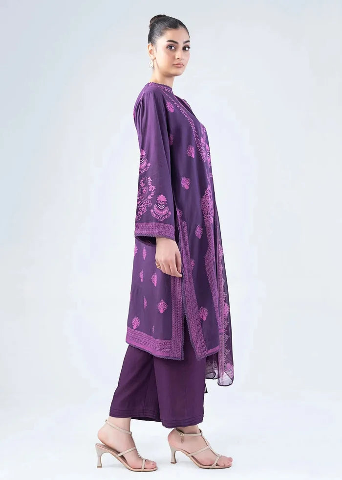 Women's purple printed 3-piece winter suit with long tunic, pants, and dupatta