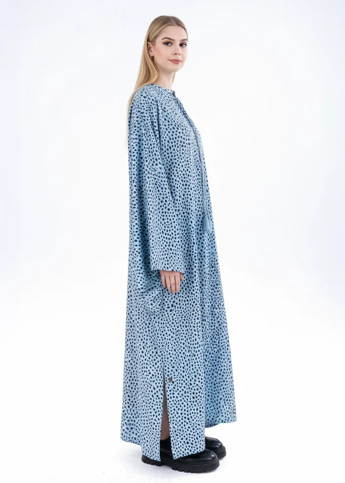 Women's aqua printed long kurta with keyhole neckline and side slit, profile view