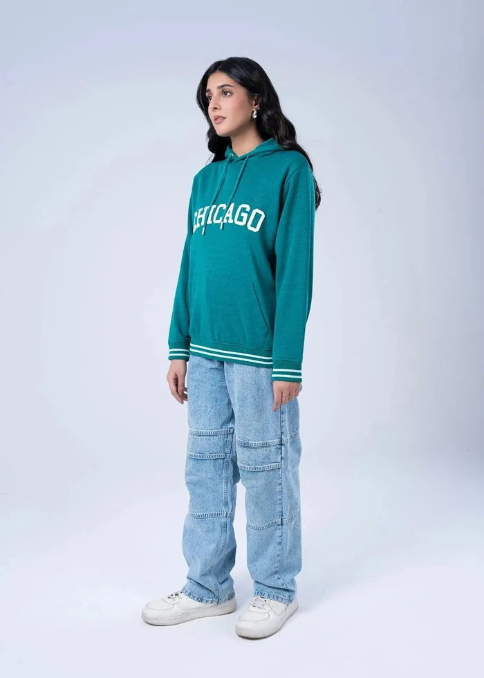 Women's teal terry hoodie with CHICAGO front print, pullover hood