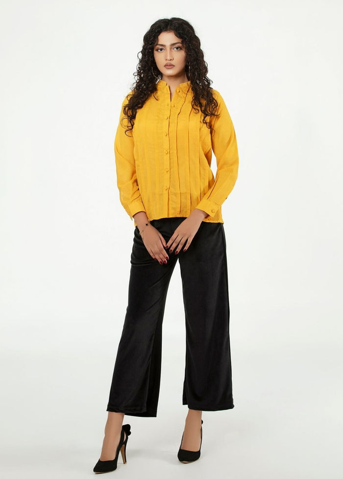 Women's mustard button-up winter shirt with stand collar, long sleeves, button front