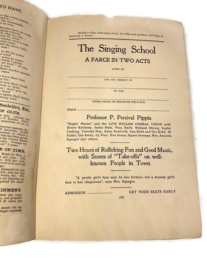 1908 Antique Book, The Singing School, A Farce in Two Acts at Duckwells