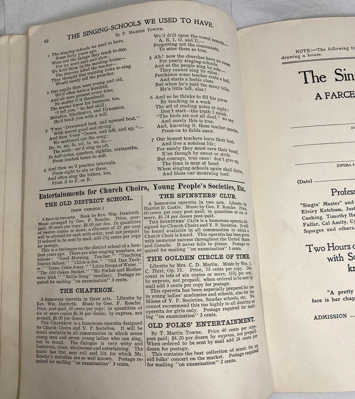1908 Antique Book, The Singing School, A Farce in Two Acts at Duckwells