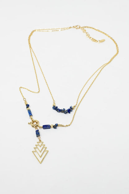 2 in 1 Long Gold Necklace With Blue Beads