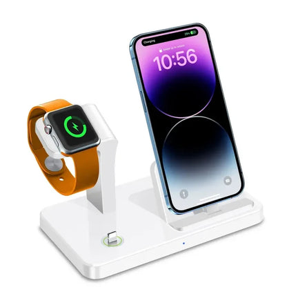 there is a white apple watch and a white iphone on a stand