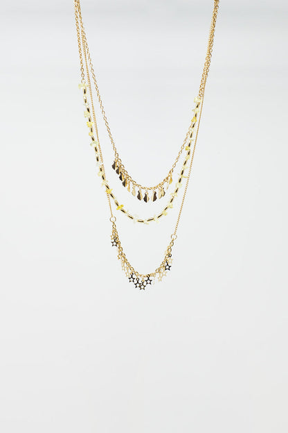 3 in 1 Long Necklace in Gold With a Variety of Beads and stars
