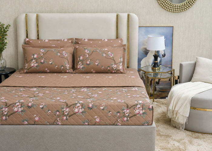 3-piece cotton bed set with coffee-brown quilt and floral print; two matching pillows